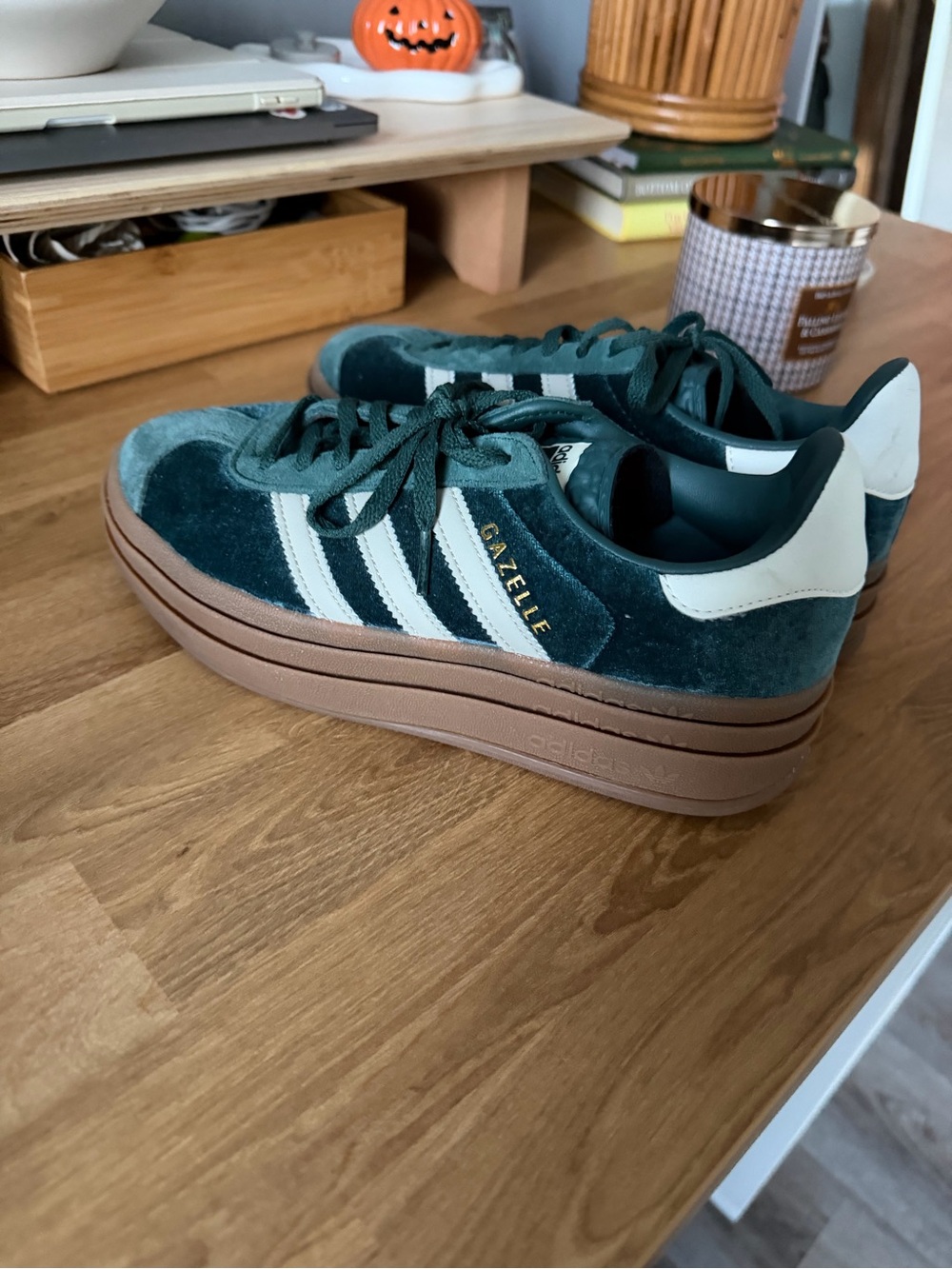 adidas Gazelle Platform Sneakers in Forest Green and White with Gum Sole